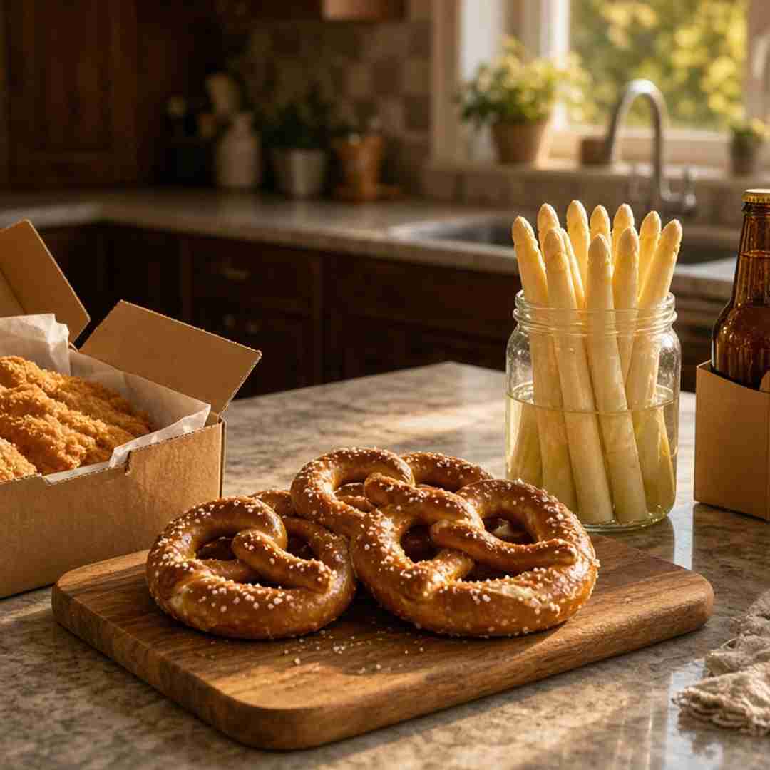 At-home Oktoberfest grocery haul with pretzels, schnitzel, white asparagus, and lager