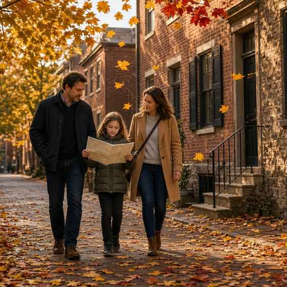 Family exploring a historic Philadelphia-style street in autumn for German-American Heritage Month