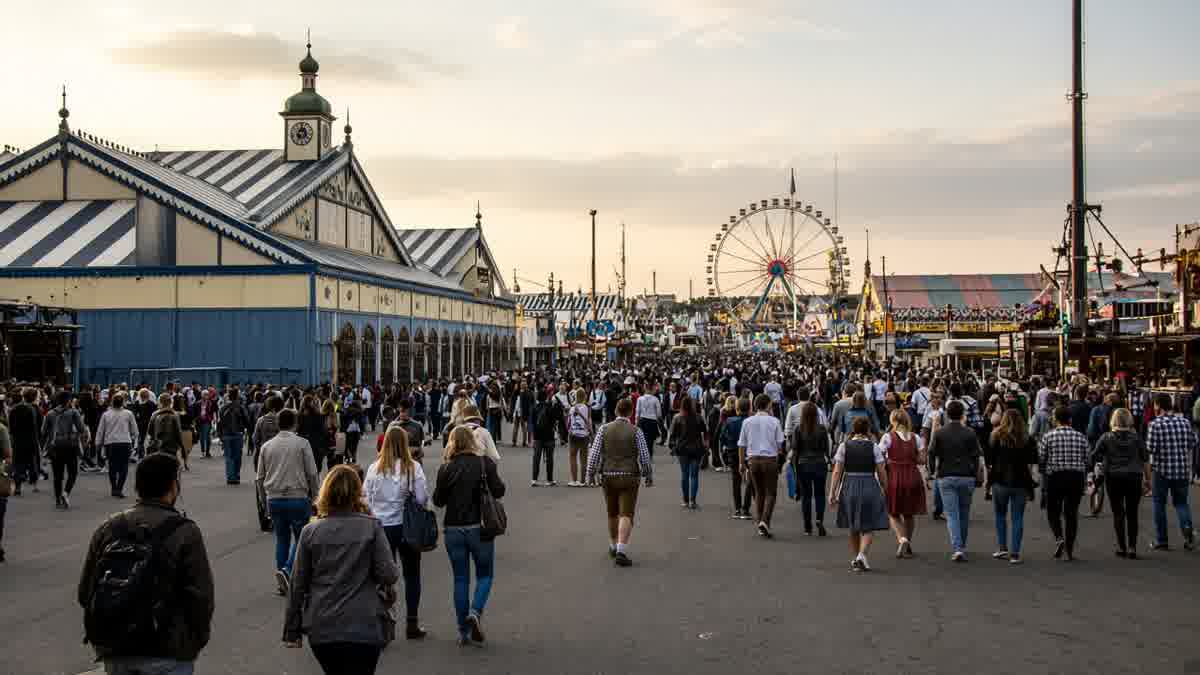 Munich Oktoberfest Wiesn tents and Ferris wheel